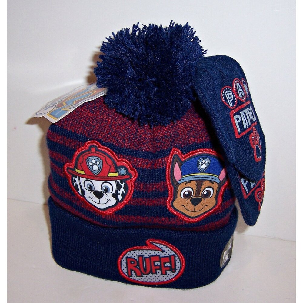 PAW PATROL MARSHALL & CHASE Soft KNIT Blue/Red HAT Pom-Pom BEANIE & MITTENS SET